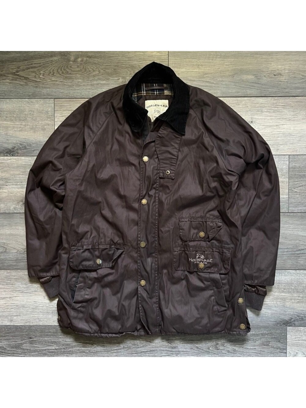 Horseware Ireland Women's S Waxed Jacket Brown Corduroy Collar Plaid Lined